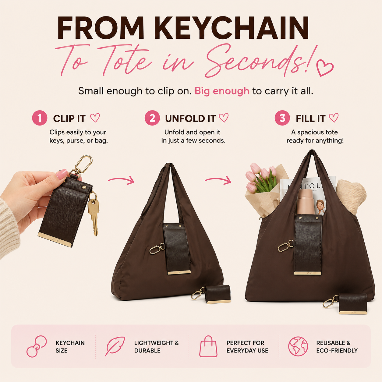 Bloome tote clip, unfold, and fill steps