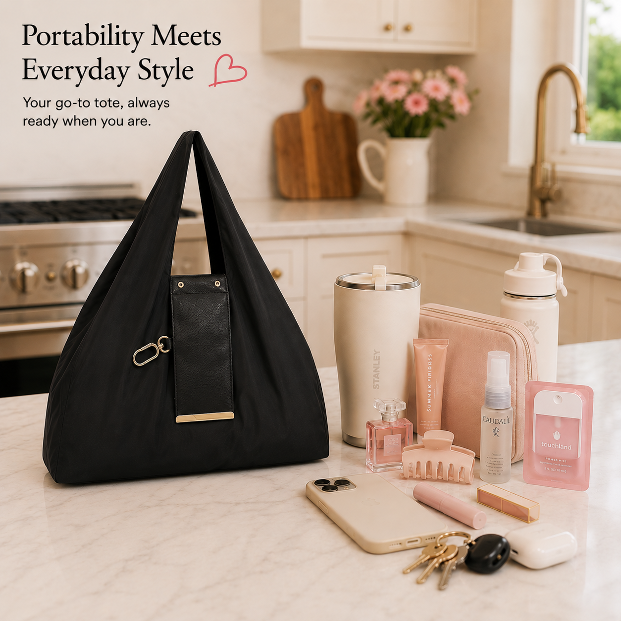 Bloome tote styled with everyday essentials